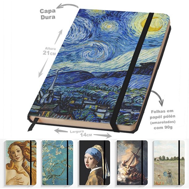 CAderno Sketchbook para desenho 21x14 obras de arte Van Gogh - Monet - Vermeer - Botticelli em Oferta na Shopee