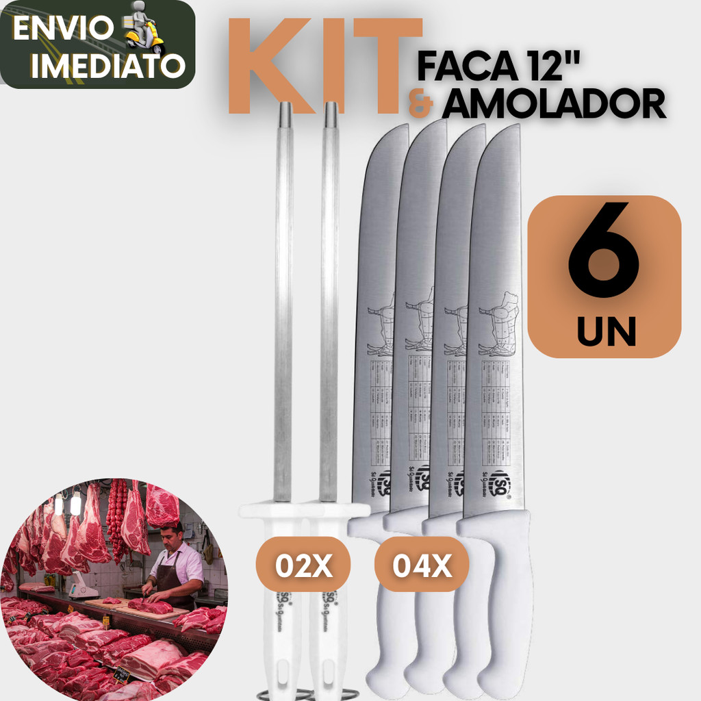 Kit Facas Profissional 12" Boi em Aço Inox Corte Carne e Chaira Aço Inox Amolador Restaurante