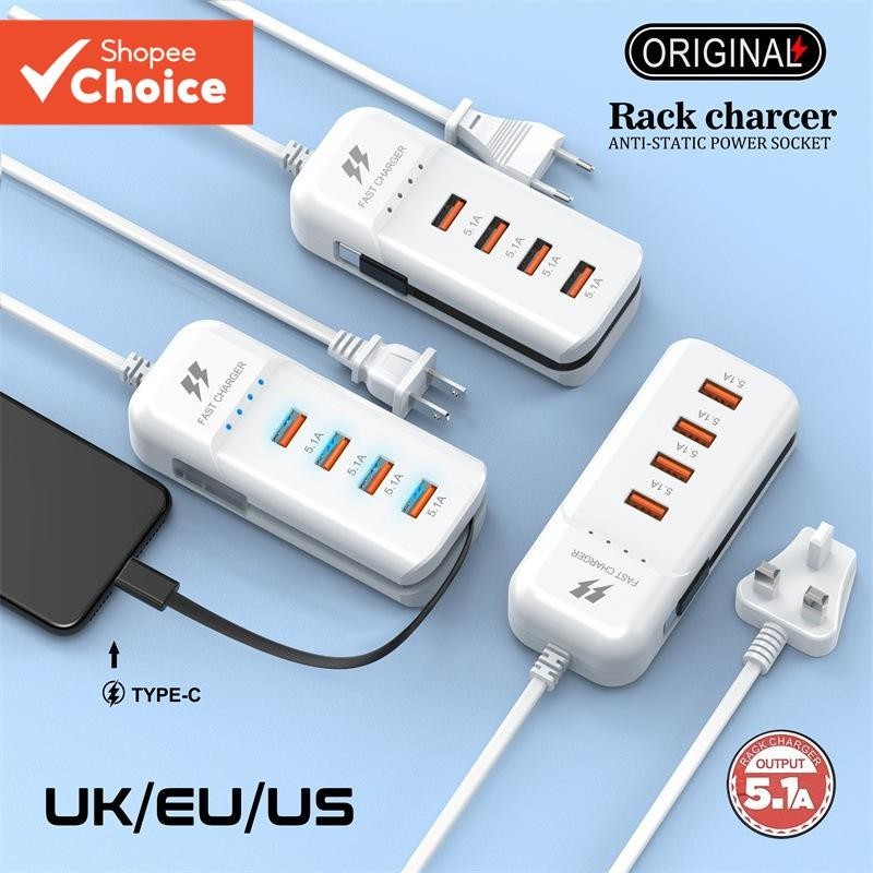 Carregador de 4 Portas USB com Cabo de Extensão Tipo C para Telefone Celular Viagem