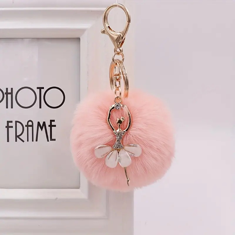 Chaveiro De Anjo De Cristal – Pingente De Balé Com Pompom De Pele De Coelho Falsa Acessório De Carro Fofo Para Mulheres