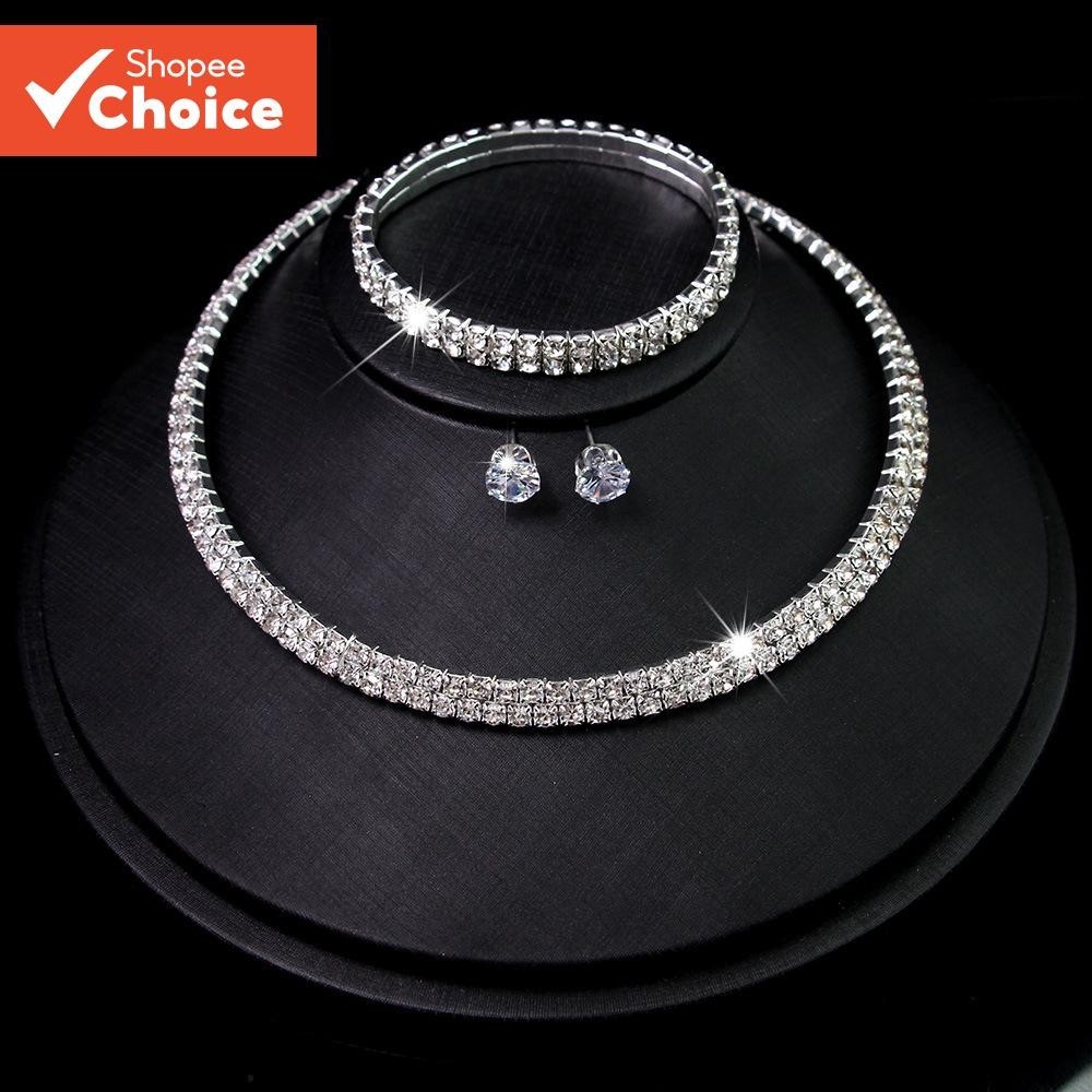 3 Pçs Strass Borla Colar Brincos Pulseira Conjunto Feminino Festa De Casamento