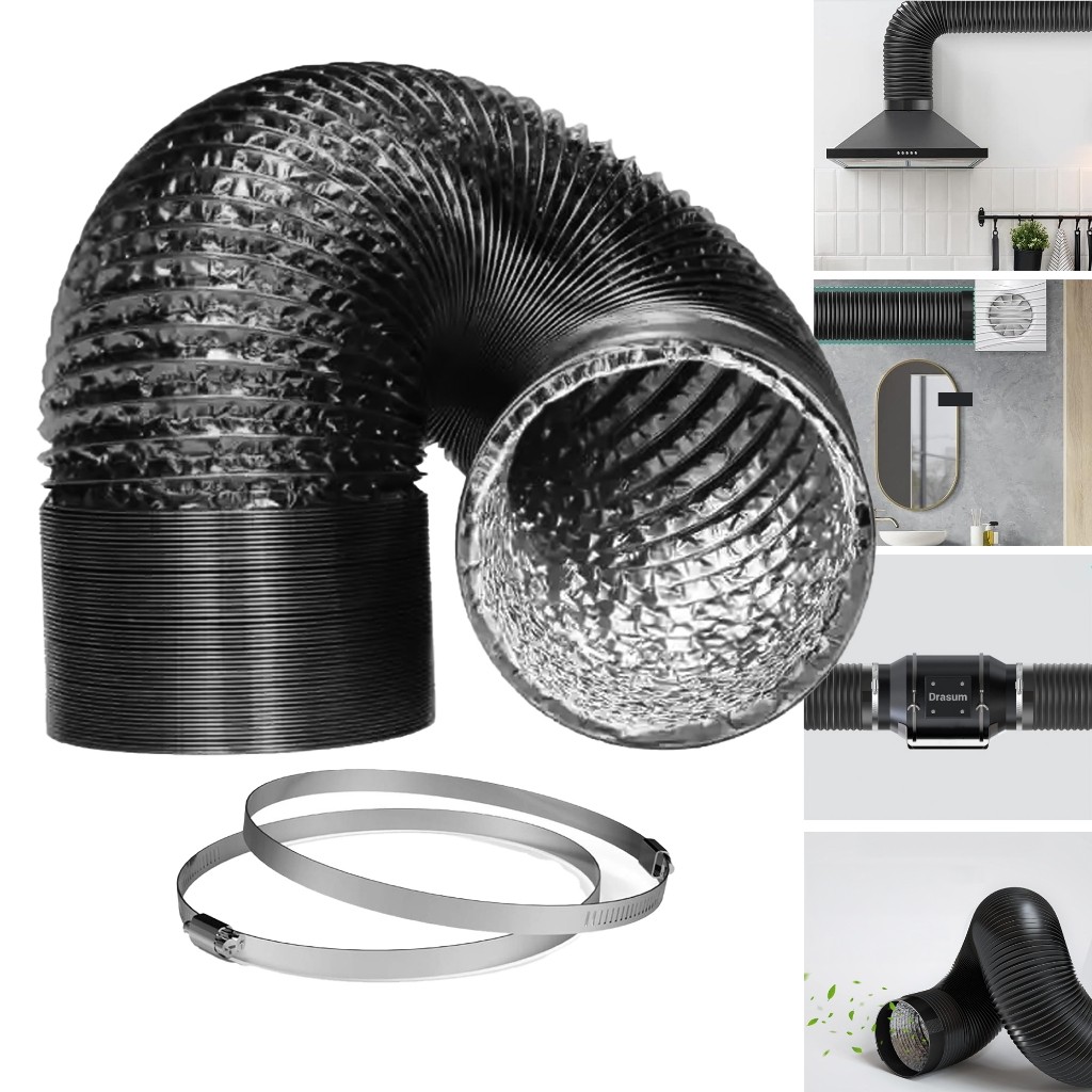 Duto Flexível 100mm 2 Metros Alumínio Preto 2 Abraçadeiras Aço Inox Para Exaustor Coifa Ar Portátil