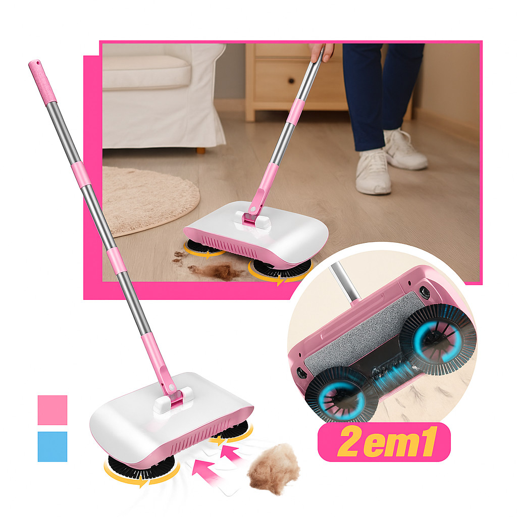 Vassoura Mágica 2 em 1 Aspirador e Esfregão Giratório Manual Vassoura Limpeza Prática Mop Doméstico