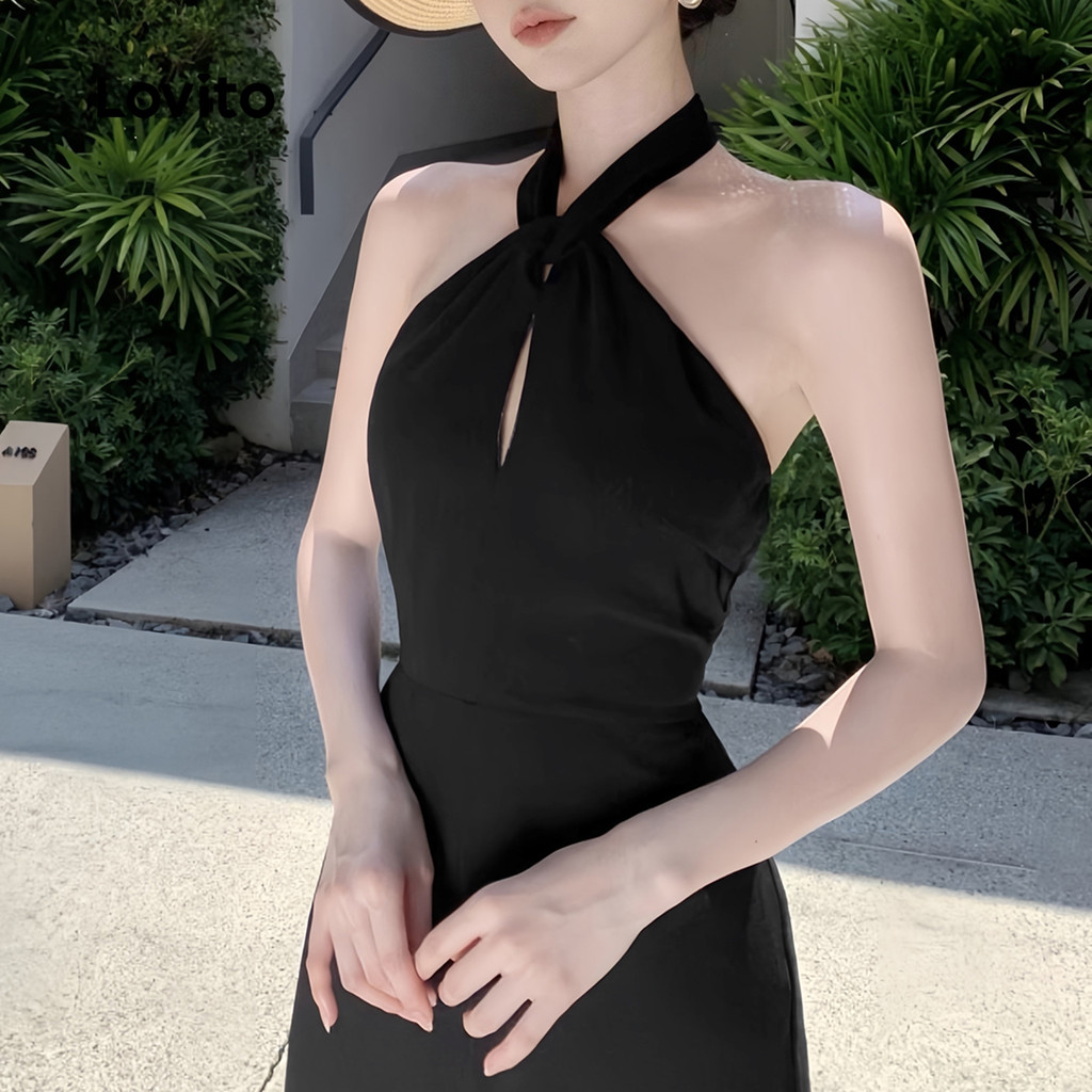 (Trendy) Lovito Macacão elegante com nó liso para mulheres L129ED507 em Oferta na Shopee