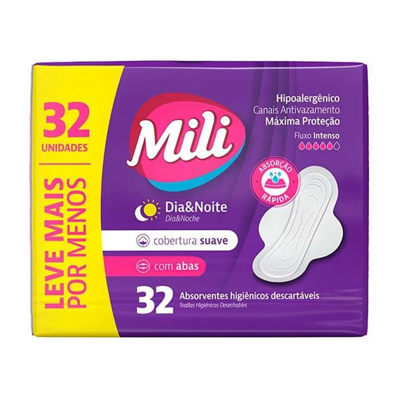 Absorvente Mili Dia e Noite Suave com Abas 32 Unidades em Oferta na Shopee