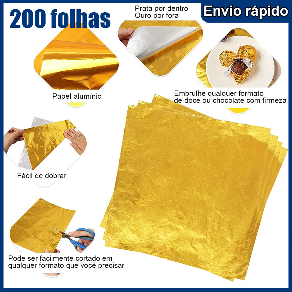 200 Folhas Papel Chumbo alumínio dourado Cortado