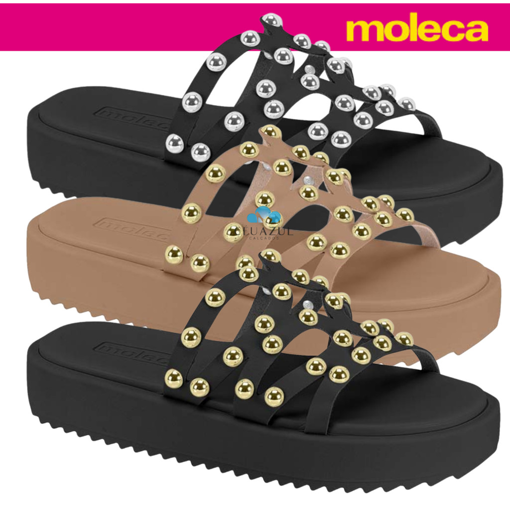 Sandália Rasteira Feminina Moleca Tiras Aplicações Conforto Casual em Oferta na Shopee