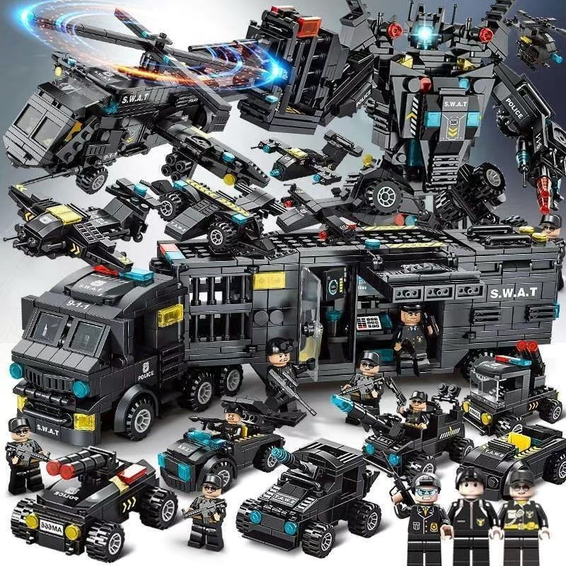 1.000 pçs blocos de construção Lego série militar SWAT veículo blindado grande navio de guerra transformando robô crianç