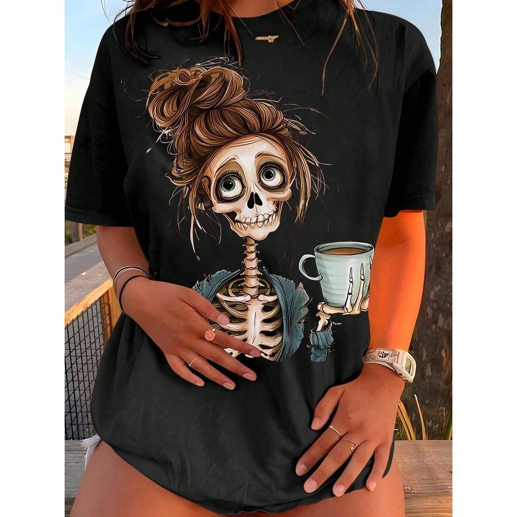 Camiseta Feminina 100% Algodão Fio 30.1 Lançamento Estampa de Caveira Mulher Verão Halloween em Oferta na Shopee