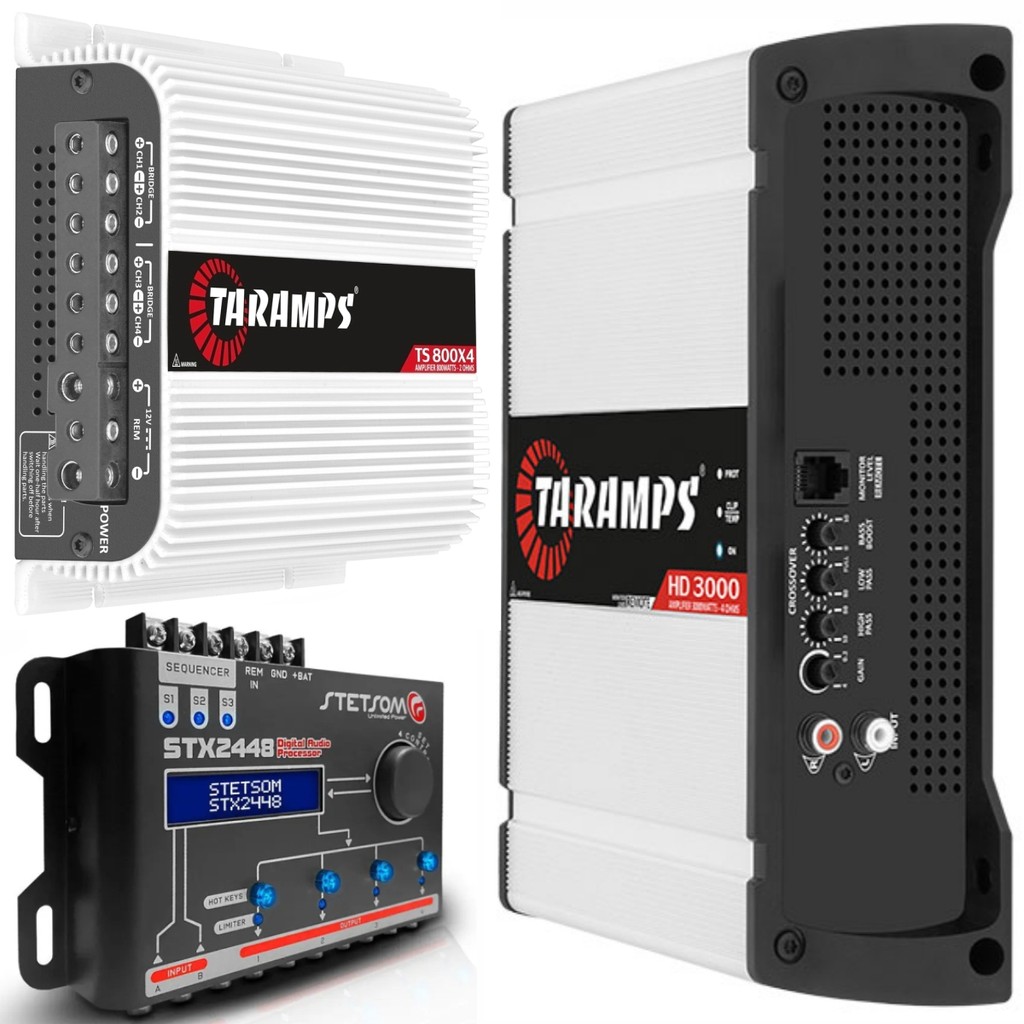 Kit Módulo Amplificador Taramps TS800x4 800W e HD3000 3000W 4 Ohms + Processador Stetsom STX2448 4v