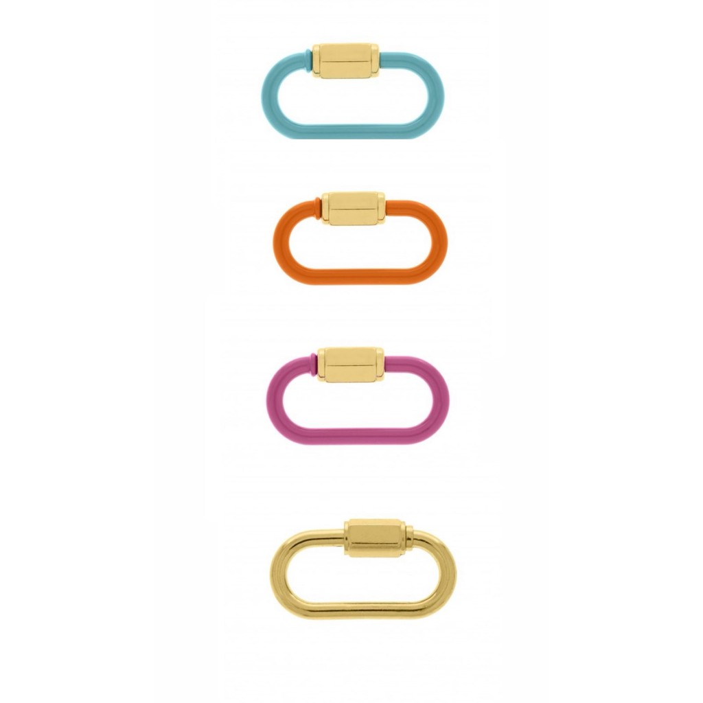 pingente Mosquetão Oval semi joia com verniz italiano colorido azul rosa laranja com Ouro 37mm