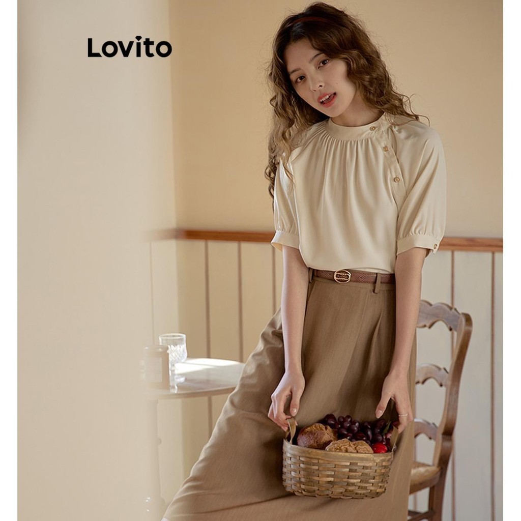 (Trendy) Lovito Blusa Casual Blusa Plissada Com Botões Lisos Para Mulheres LNE70848 - Women Clothes
