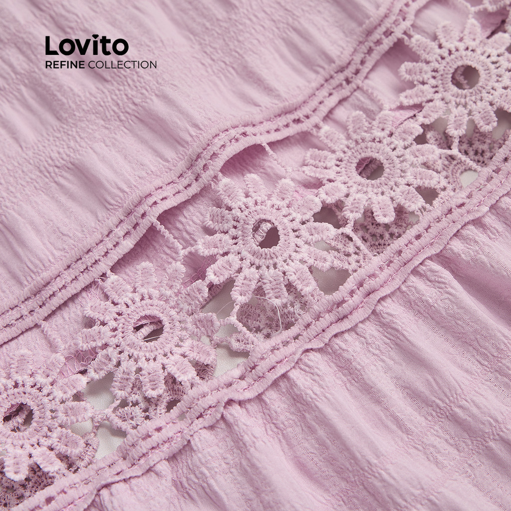 (Trendy) (Lovito Refine) Vestido Boho Floral Braid Hollow Folho Roxo Claro Para Mulheres LR11LD027 em Oferta na Shopee