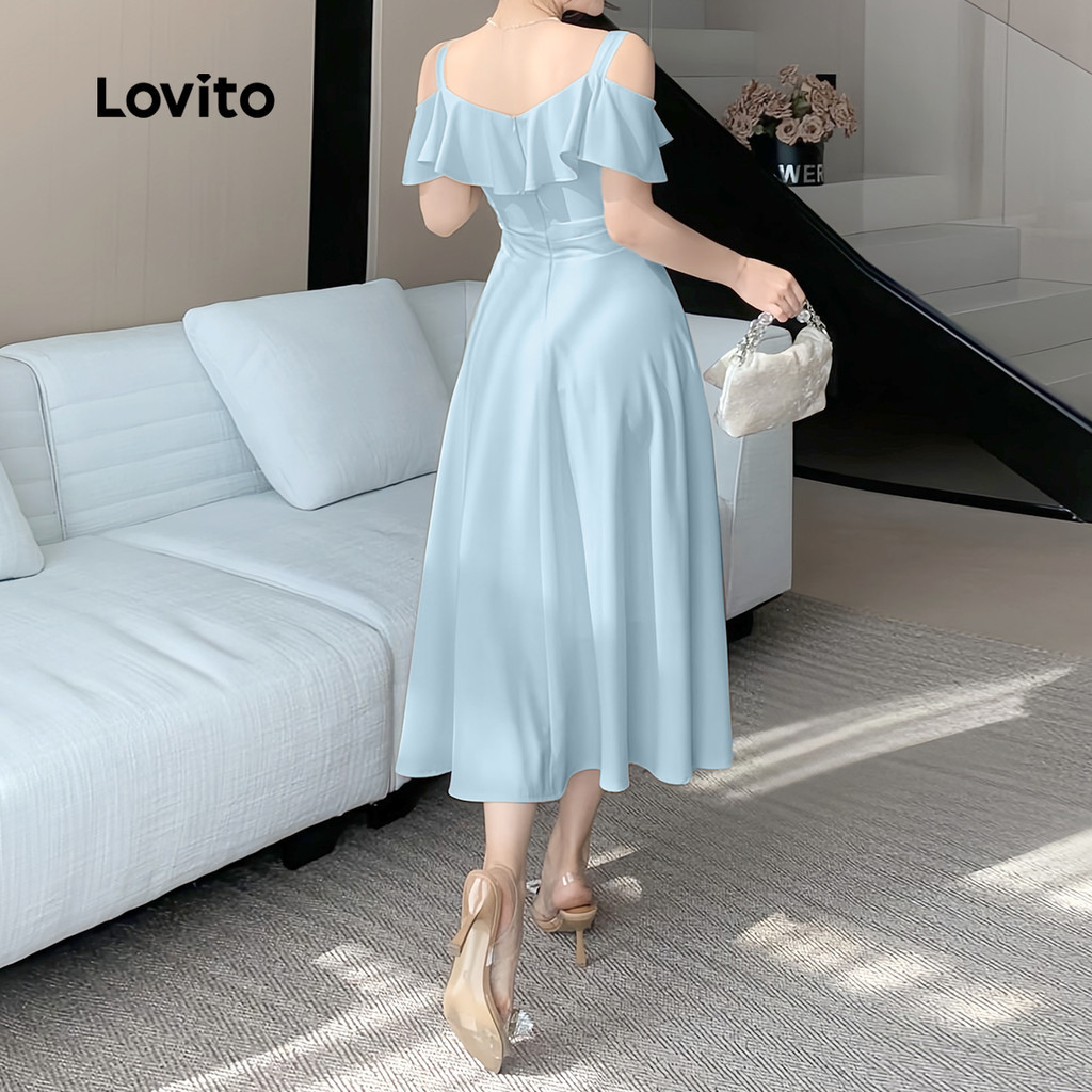 (Trendy) Lovito Vestido elegante com babados lisos e ombros frios para mulheres L132ED076