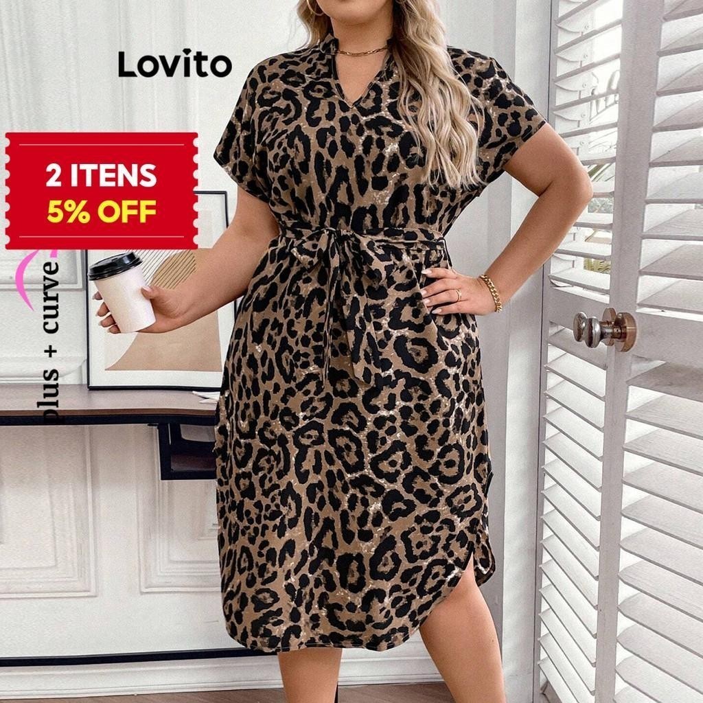 (Trendy) Lovito Vestido Plus Size Curvo Casual Leopardo Cinto Padrão para Mulheres LBL18615 em Oferta na Shopee