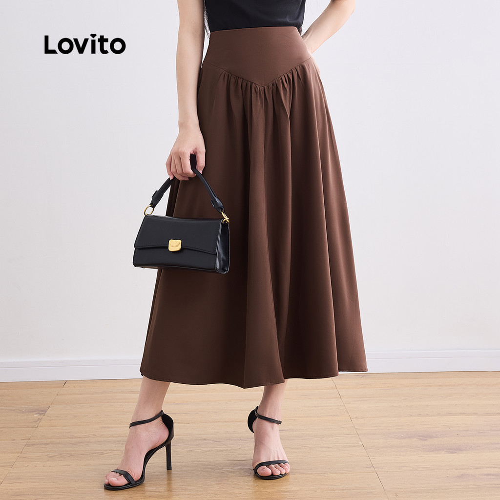 (Trendy) Lovito Saia Casual lisa com espartilho franzido para mulheres LBL24245 em Oferta na Shopee