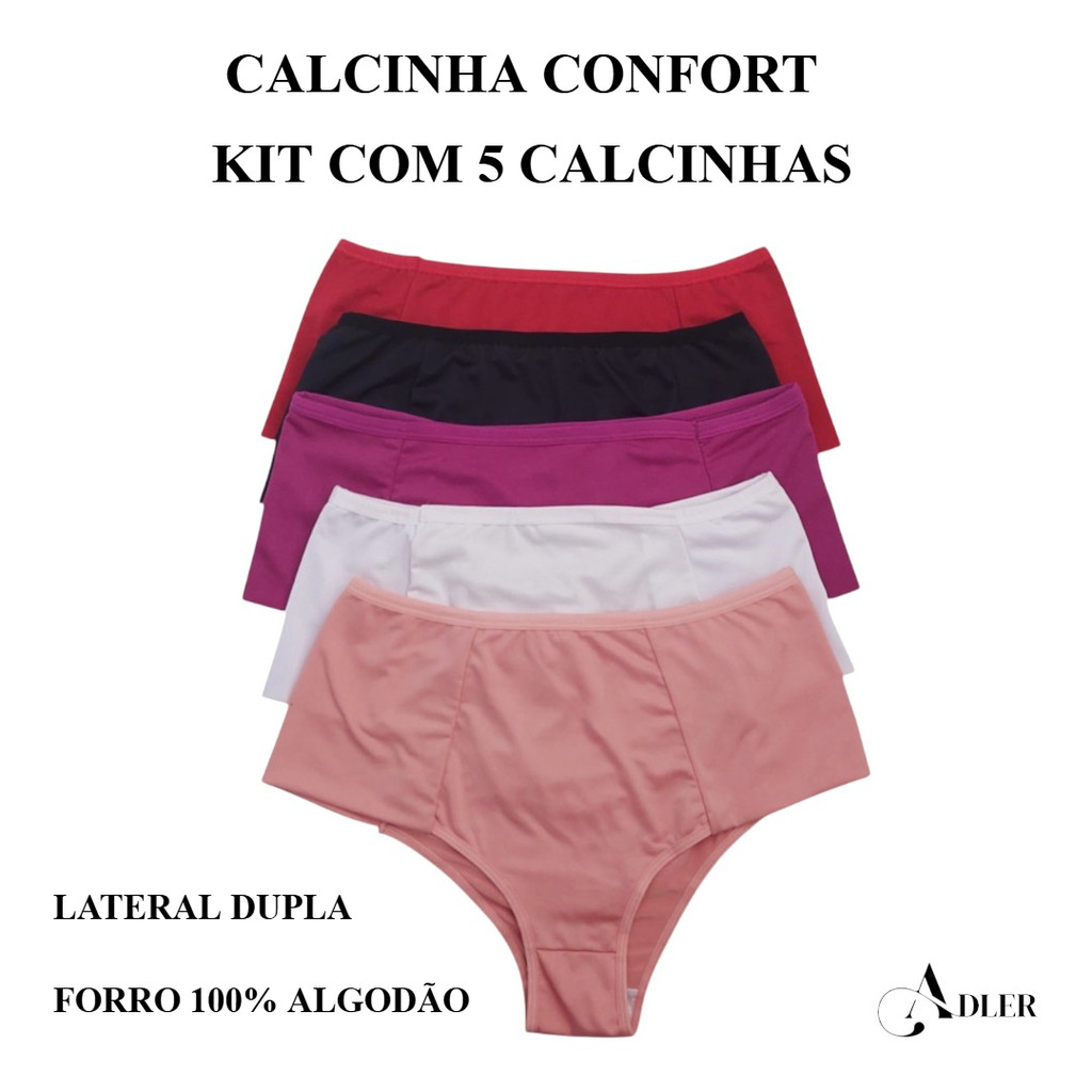KIT C/ 5 Calcinha Calçola Cintura Alta Microfibra Lisa Redutora Luxo Lateral Larga Conforto Lingerie