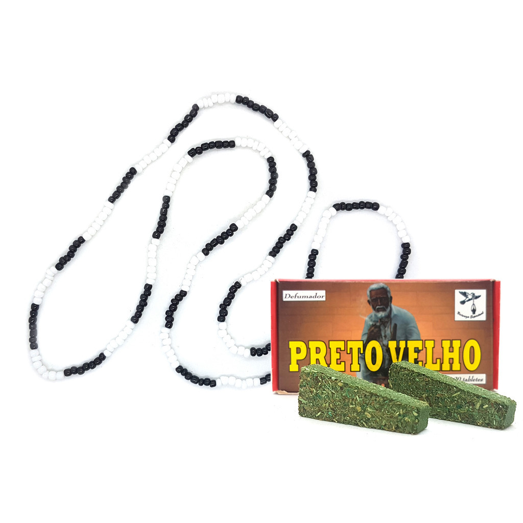 Kit Proteção Preto Velho Guia miçanga Defumador Preto Velho