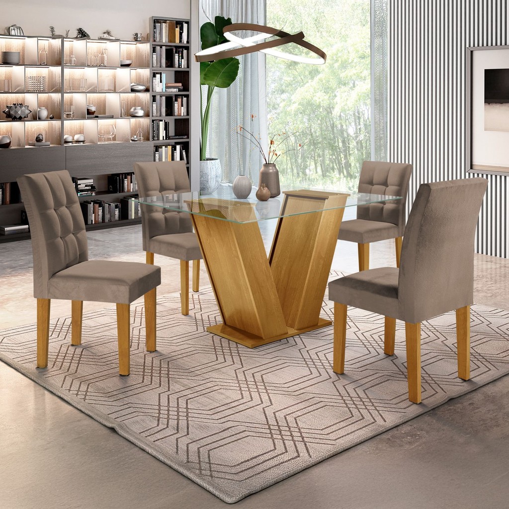 Conjunto Sala de Jantar Mesa Classic Tampo de Vidro 4 Cadeiras Vitória  Ype/Areia em Oferta na Shopee
