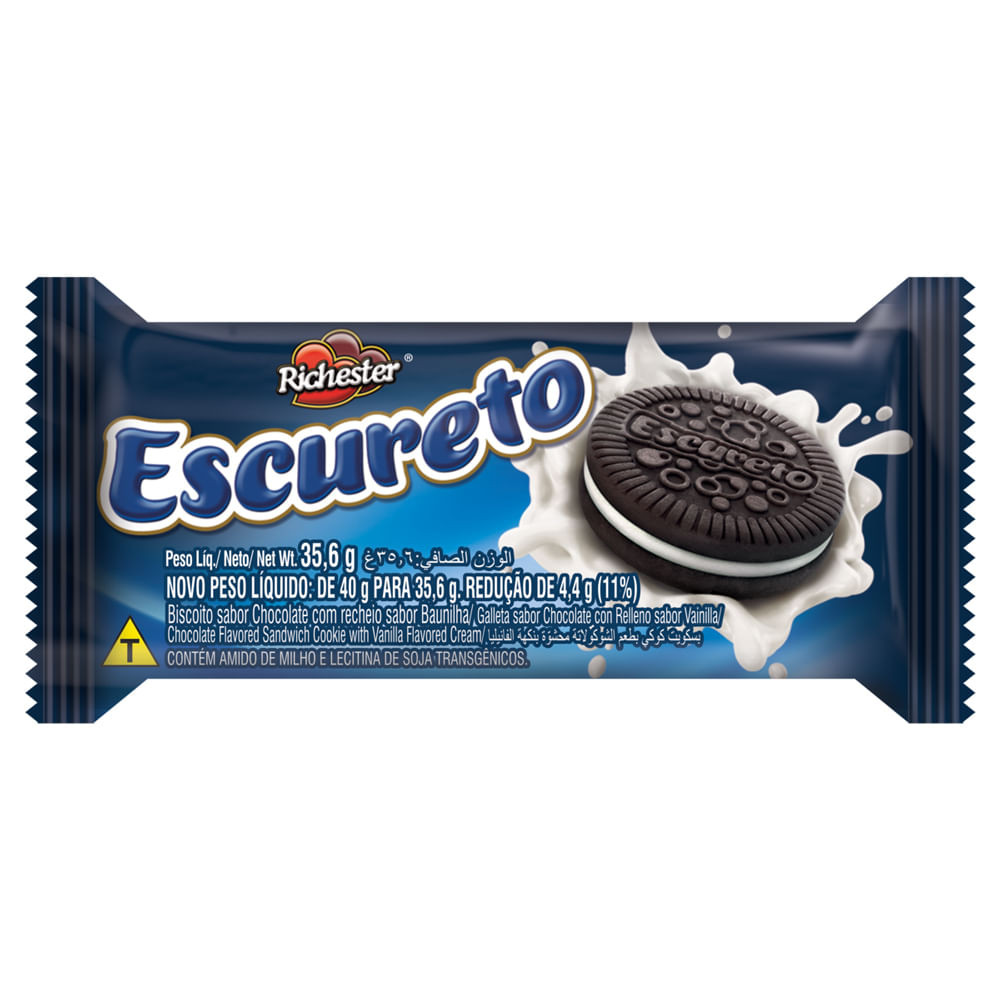 Biscoito Recheado Richester Escureto Sabor Chocolate Recheio de Baunilha 35,6g - Food & Beverages