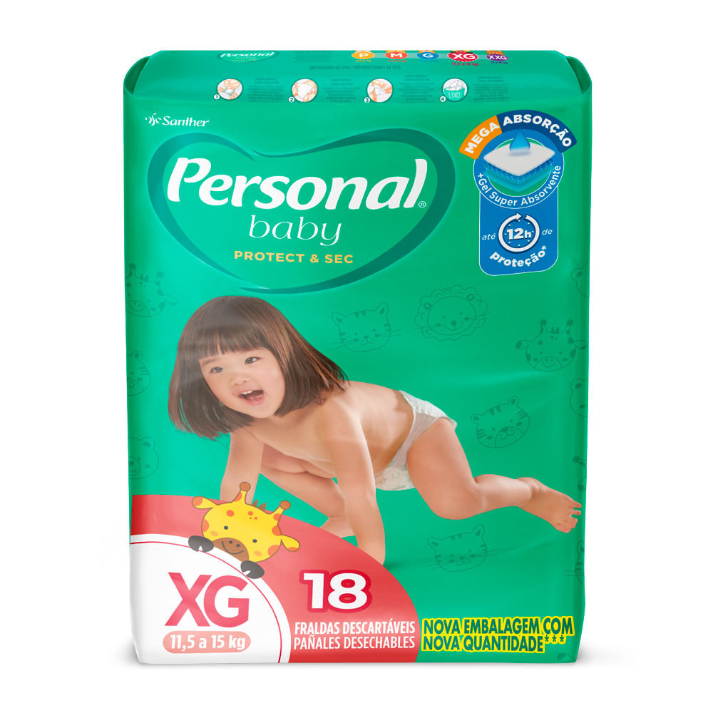 Fralda Personal Baby Protect & Sec Tamanho XG com 18 Fraldas Descartáveis - Mom & Baby
