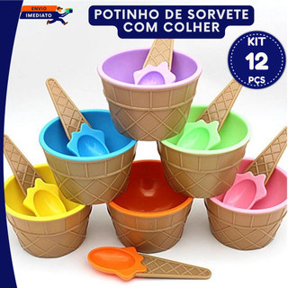 Jogo 04, 06 ou 12 Potes Plástico Tigela Para Sorvete Potinho De Sobremesa Com Colher Casquinha Festa