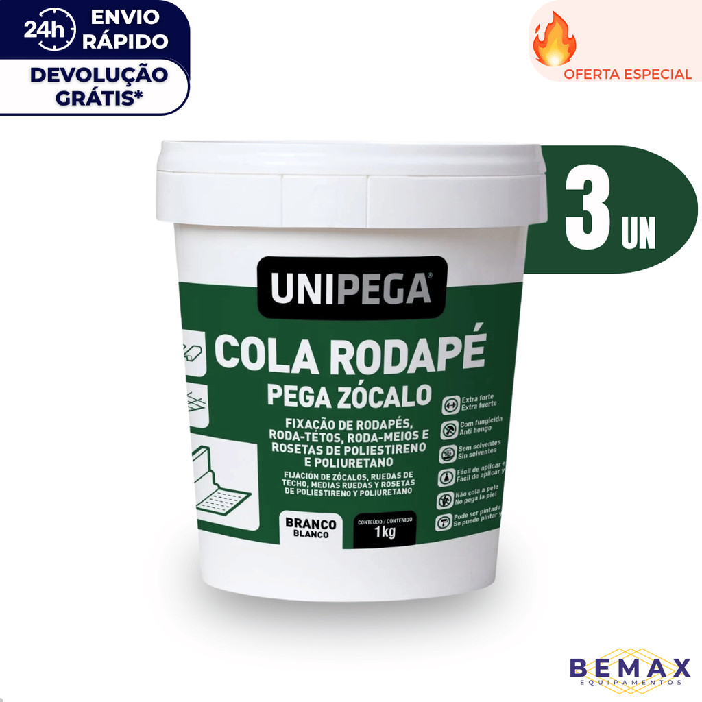 Kit 3 Cola Rodapé Gesso Sanca Roda Teto Madeira Mdf Adesivo Pintavel Cola Extra Forte Fungicida 1kg