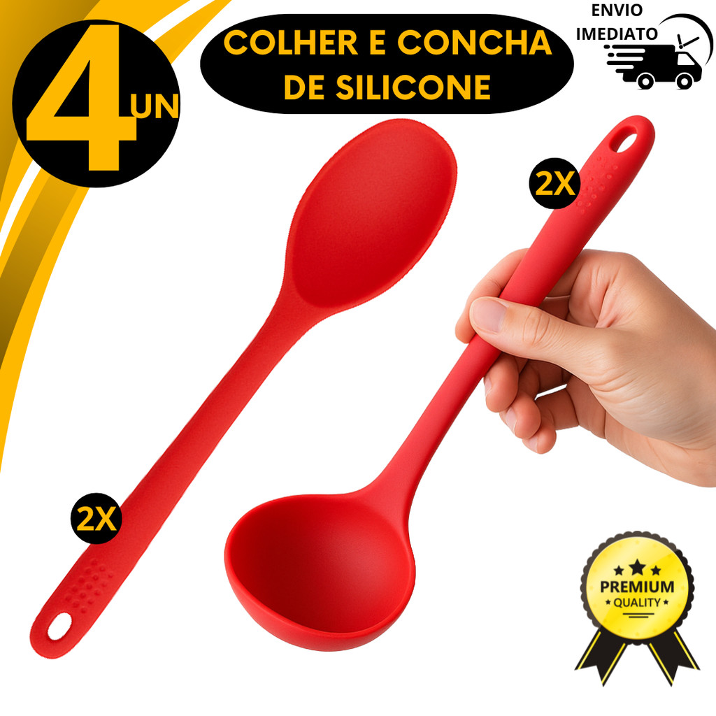 Kit 4 Conchas e Colheres de Silicone Vermelho Antiaderente Alta Temperatura Cozinha Utensilios