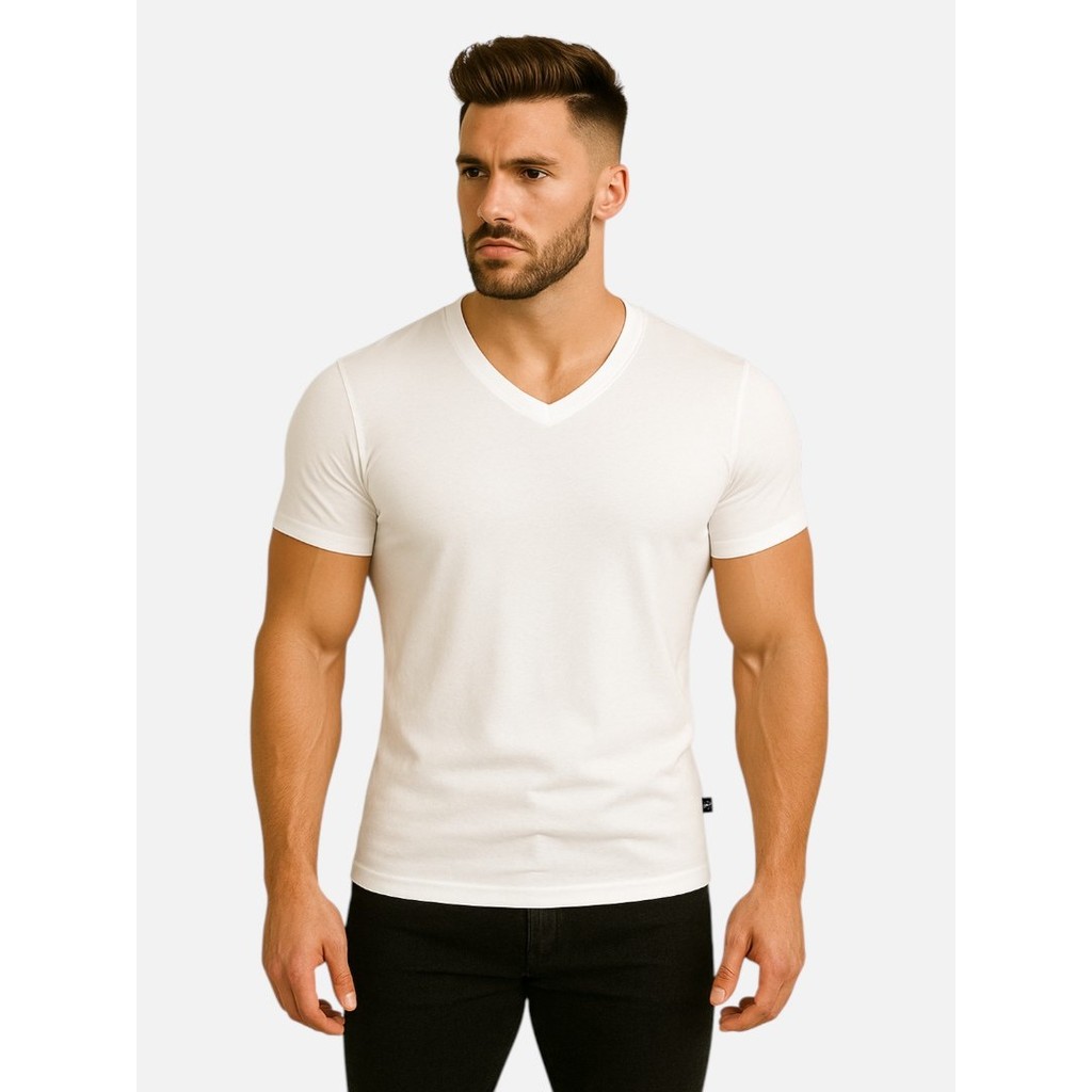 Camiseta Masculina Gola Decote V Viscose Elastano Manga Curta