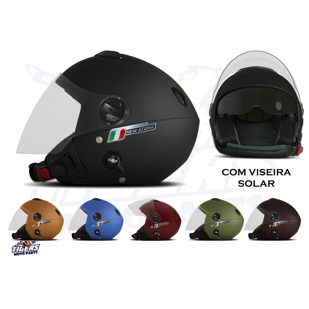 Capacete Moto Aberto New Atomic Elite Com Viseira Interna Solar Retratil Pro Tork Masculino Feminino