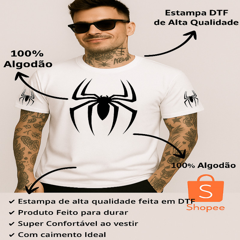 Camiseta Venom Homem Aranha Tatuado 100% Algodão Estampa Mangas Frente DTF Alta Qualidade Geek Marvel Nerd Casual