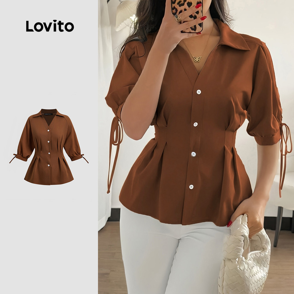 Lovito Blusa Casual de Botões com Renda e Laço  Primavera/verão  Cor Marrom  para mulheres L143AD677