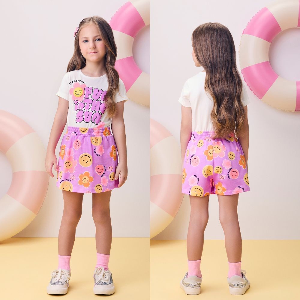 Conjunto Menina Momi Blusa Algodão e Short Saia Moletinho Estampado Off/Colorido