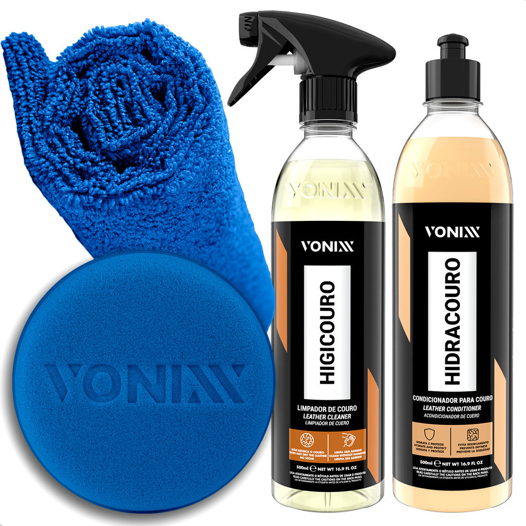 Kit Limpeza Hidratação de Couro Vonixx HIGICOURO HIDRACOURO + APLICADOR de Espuma + Toalha em Oferta na Shopee