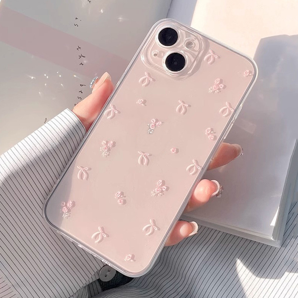 Capa clara com laço de flores para iPhone 11, 12, 13, 14, 15 Pro Max, XR, XS, 7 Plus e 8 Plus - Ultra fina, TPU macio.
