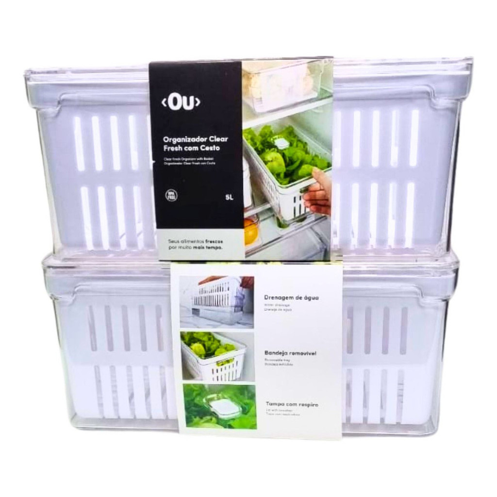 kit 2un Pote Organizador de Geladeira para Salada Frutas e Verduras com Cesto escorredor Clear Fresh em acrílico - 2x5 Litros