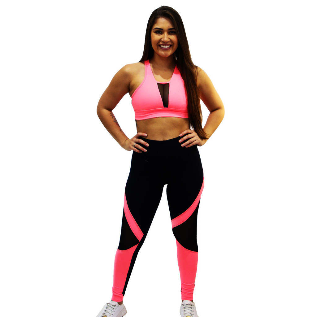 Calça Fuso Ginastica Aeróbica Legging Academia Tule Recorte Colorido, Suplex Poliamida Feminina