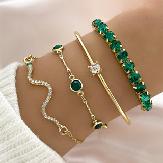 Conjunto de 4 pulseiras de cobra com strass verde