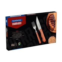 Jogo Churrasco Tramontina Dynamic Com Lâminas Inox Cabos Madeira Natural 12 Peças