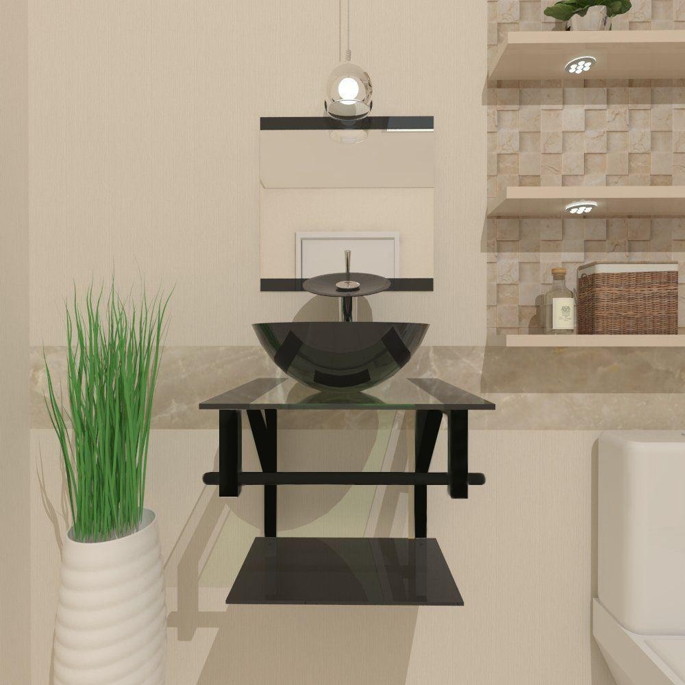 Gabinete de Vidro 40cm AP com Cuba Redonda Preto - Home & Living