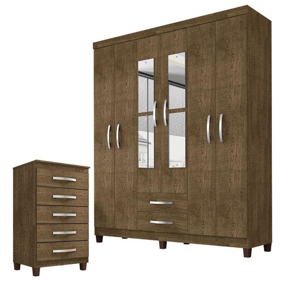 Guarda Roupa Casal Modena Com Espelho 6 Portas E Cômoda Cannes 5 Gavetas Malbec - Incorplac em Oferta na Shopee