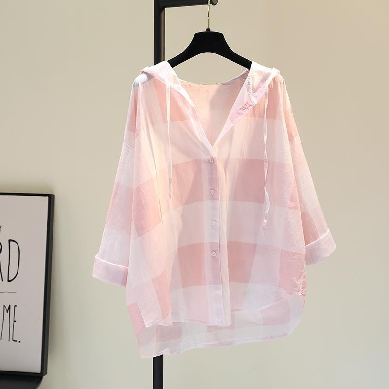 Venda a quente Protetor solar Vestuário Blusa Externa Blusa Xadrez Camisa Xadrez de Algodão Xadrez Rosa Roupa de Linho com Capuz Protetor Solar Mulher 2023 Primavera Nova Versão Coreana Camisa Casual Solta Camisa Casual Fina Top Cardigan Produtos de Venda