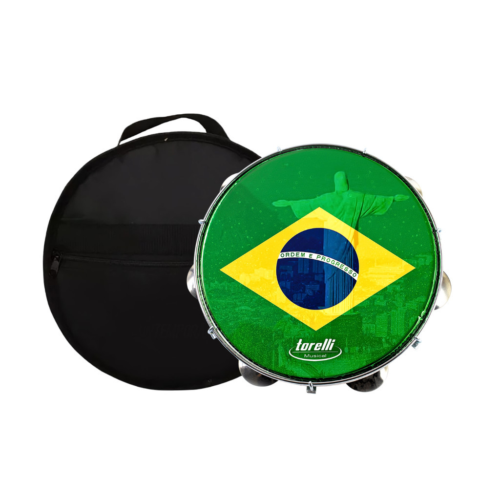 Pandeiro Torelli Brasil Cristo 10" Verde Pele Nylon Com Bag