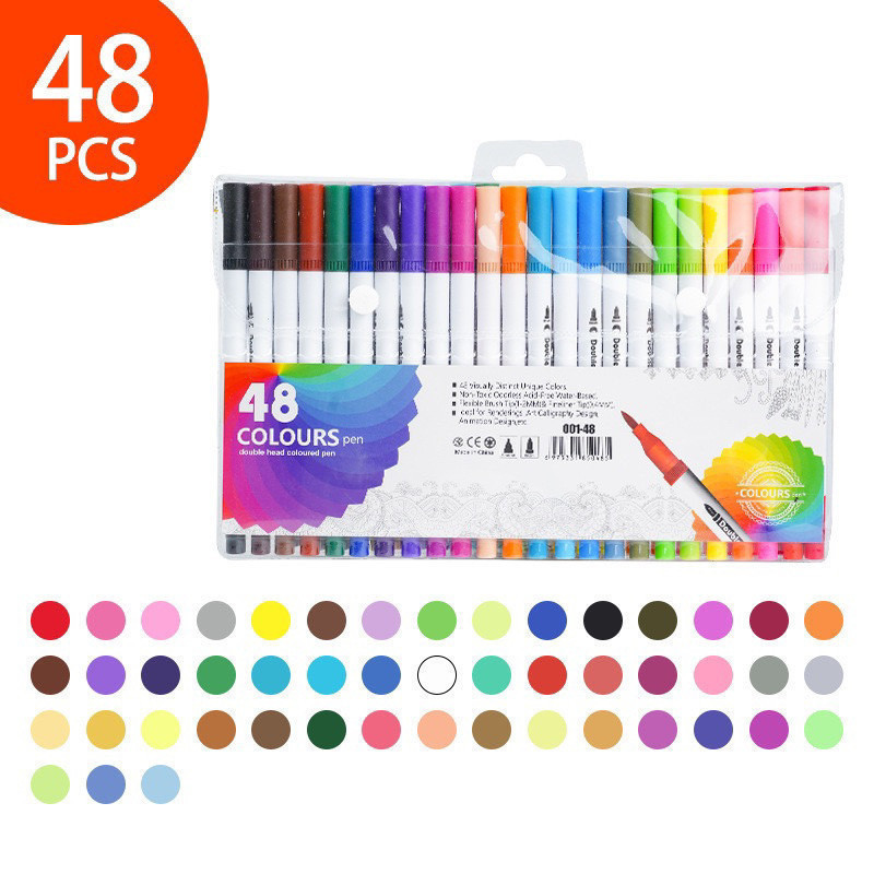 Kit 48 Caneta 2 em 1 Brush Lettering e Ponta Fina Dual Pen Canetinha Colorir Desenho em Oferta na Shopee