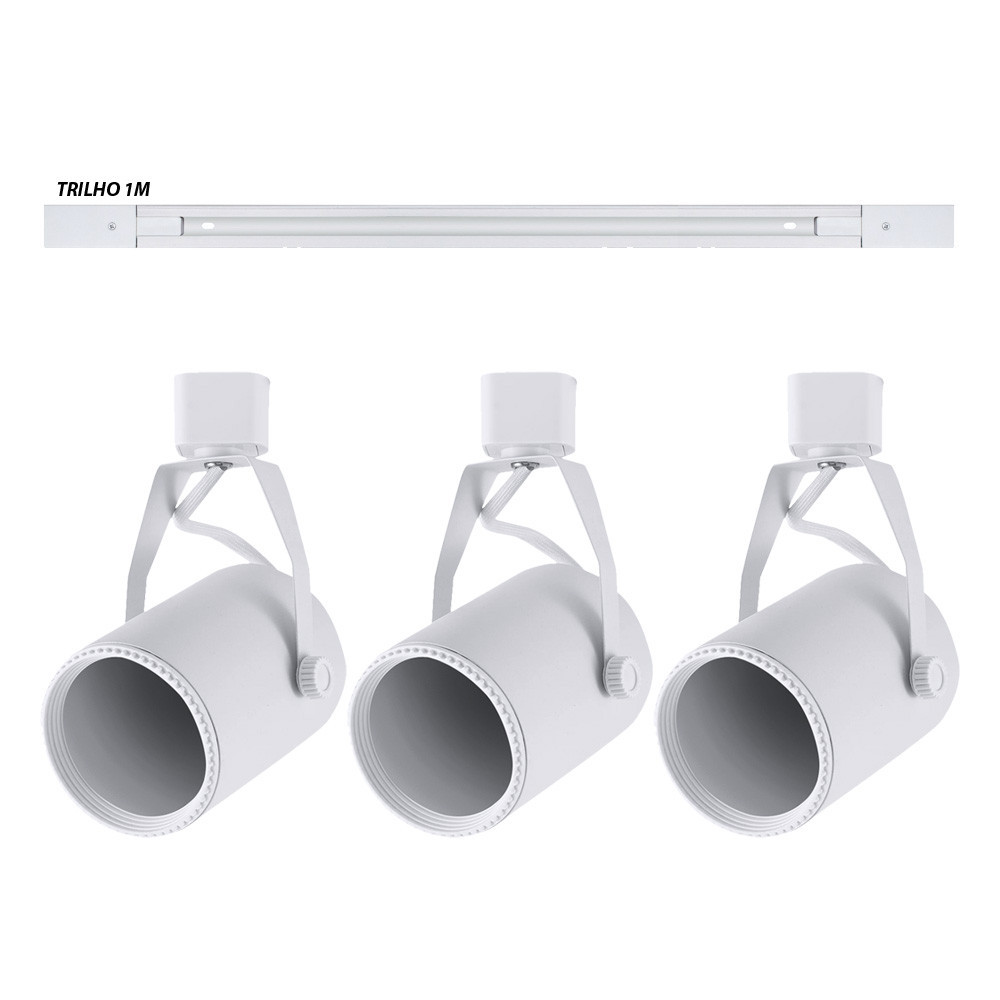 Kit trilho 1m + 3 spots PAR20 Branco Residencial, Comercial, Área de lazer (Troca lâmpada)