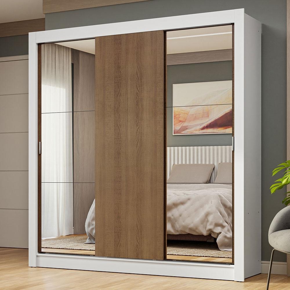 Guarda-Roupa Casal 3 Portas de Correr com Espelhos Branco/Rustic Nobre Madesa em Oferta na Shopee