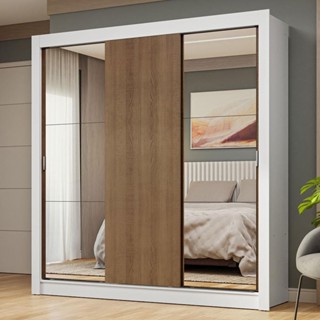Guarda-Roupa Casal 3 Portas de Correr com Espelhos Branco/Rustic Nobre Madesa em Oferta na Shopee