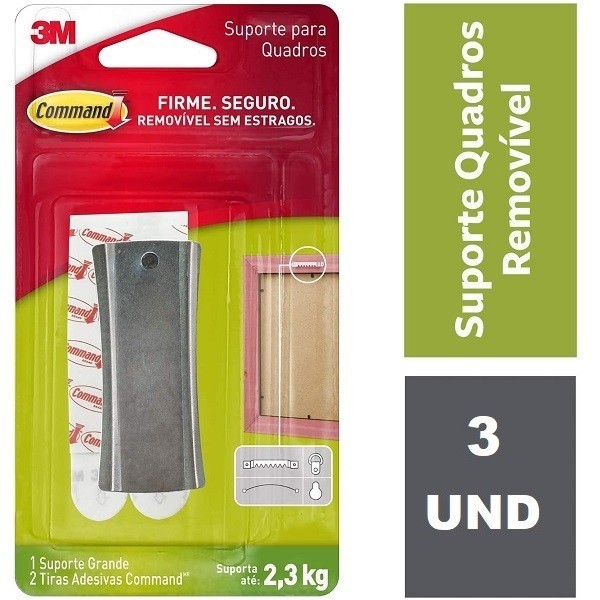 Kit com 3 Suporte Adesivo para Quadros Command AÇO Grande ATE 2,3KG 3M em Oferta na Shopee