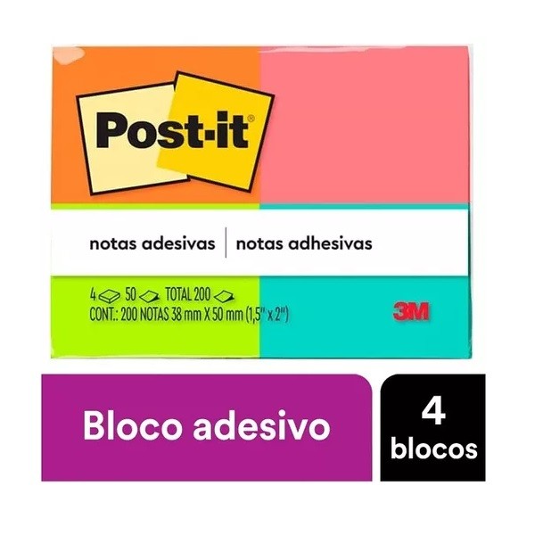 POST-IT 653 Tropical 4 Cores 4 Blocos de 50 Folhas Cada 50MM X 38MM 3M