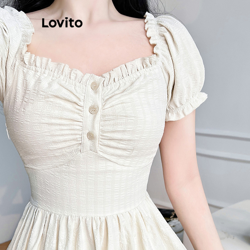 Detalhes do Lovito Vestido Elegante Vestido Frontal Com Botão Liso Para Mulheres LNE52158 (Multicolorido)